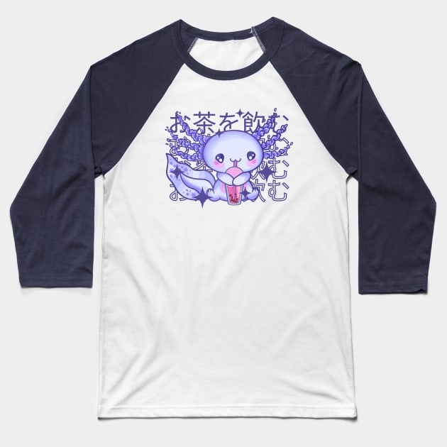 Kawaii Axolotl Drinking Bubble Tea Baseball T-Shirt by Bruno Pires